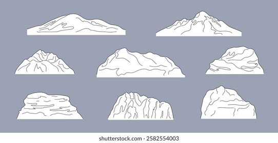 Set of contour drawing mountains, hills and icebergs. Simple black and white rocks isolated on gray background. Vector illustration of landscape elements.