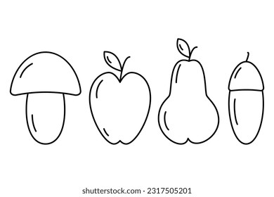 Set of contour drawing seasonal fruits - Mushroom, apple, pear and acorn Thanksgiving day. Vector
