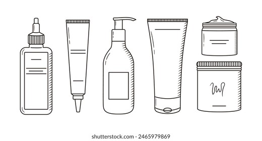 Set of contour drawings of cosmetic products. Cream, serum, spf outline icons. Skincare and beauty routine. Simple black line vector illustration. Cosmetology equipment