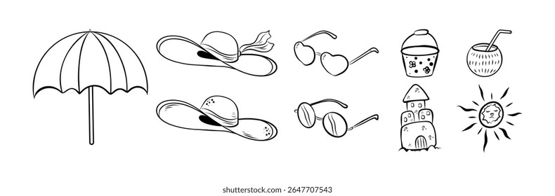 A set of contour drawings of glasses, hats, umbrellas, and cocktails. Illustration for decoration, printing, coloring, web.
