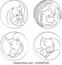 A set of contour drawings of mother and child in a circle. Vector logo of maternity hospital, girl and baby