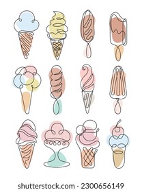 A set of contour drawings of various types of ice cream. Black line with color. Food illustration, vector