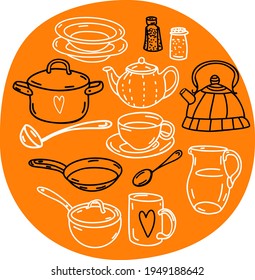 Set of contour drawn utensils. Vector illustration.