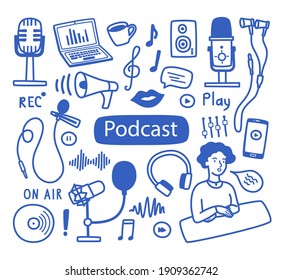 A set of contour elements and labels on the topic of recording podcasts, various microphones, a laptop, sound images. Vector illustration in the doodle style, for banners, websites, packaging.