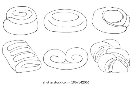 Set of contour elements on the culinary theme. Images of sweet buns and pastries. Can be used for coloring. Vector illustration.