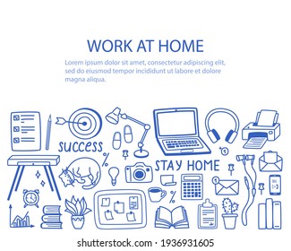 A set of contour elements - work from home, the concept of remote work in quarantine. Vector illustration in doodle style for banners and websites.