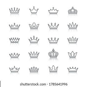 Set of contour, empty, flat crowns. Isolated, editable. Can be used as logotypes or icons.