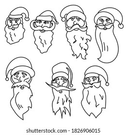 Set of contour faces of santa, kind character with beard and hat, coloring page on a christmas theme, outline vector illustration for creativity