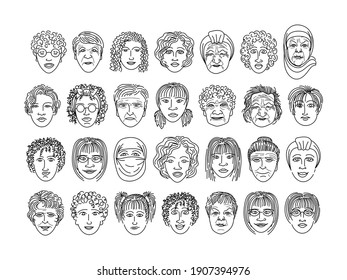 Set of contour faces of women of different nationalities and ages on a white background. The outline is black. Close-up. Design element. Vector illustration.