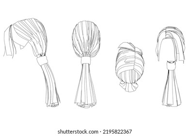 Set with contour of a female hairstyle with a ponytail tied with an elastic band from black lines isolated on a white background. Long female hair. Front, side, back, top view. Vector illustration.