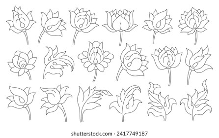 Set of contour flowers and leaves. Buddhist symbols, lotuses. Simple line pictures.