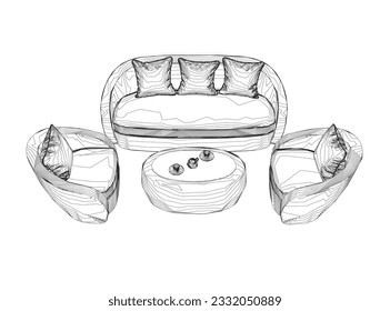 Set of contour furniture for a living room or office in outline style. Outline Sofa, armchair, table. Items for the design of the apartment drawn with black line. Vector illustration isolated on white
