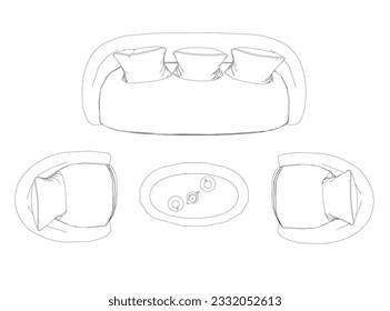 Set of contour furniture for a living room or office in outline style. Outline Sofa, armchair, table. Items for the design of the apartment drawn with black line. Vector illustration isolated on white