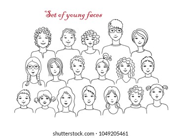 The set of contour girls and boys faces. Vector background.