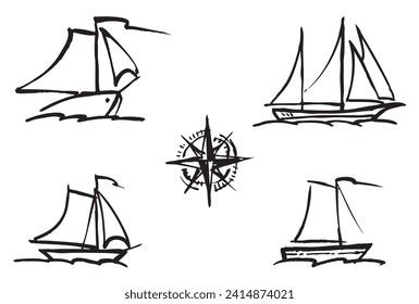 Set of contour hand drawings various sailing boats isolated on white