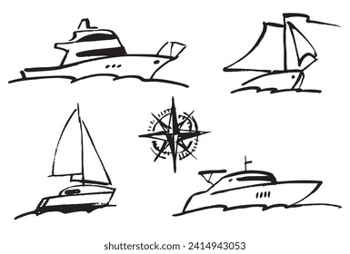 Set of contour hand drawings various modern sailing boats isolated on white