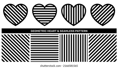 Set of contour heart with line texture and abstract black linear geometric seamless pattern. Love icon vector design element and striped seamless texture swatch for decorative textile print design