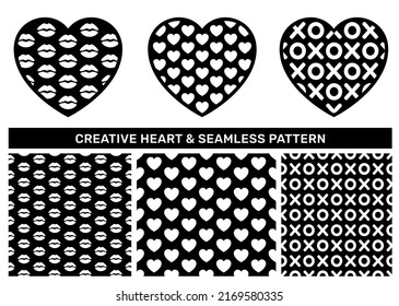 Set of contour heart with love texture and abstract black valentine seamless pattern. Creative romantic icon vector design element and seamless texture swatch for decorative textile print design