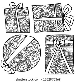 Set of contour holiday boxes with bows, zen antistress coloring page with doodle patterns, outline vector illustration for creativity