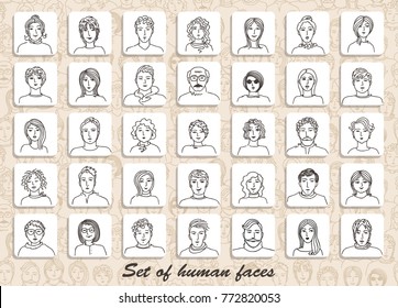 The set of contour human faces on the background in the form of people crowd. Vector background.
