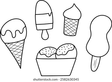 Set Contour Ice Cream. Coloring doodle. Eskimo on stick, balls in bowl, waffle cup. Popsicle. Contour cold Dessert. Collection frozen Sweet food. Linear milk sweetness. Colorless. Vector illustration