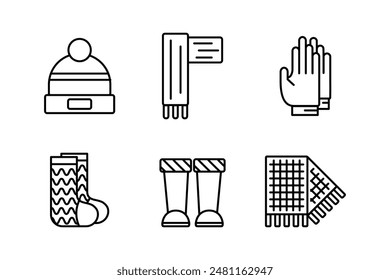 Set of contour icons of clothes and shoes. Knitted hat, scarf. Gloves and rubber boots. Patterned socks. Checkered scarf. Linear autumn wardrobe, accessories. Fall fashion, outfit. Vector illustration