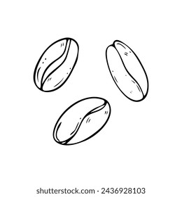 Set of contour icons of coffee beans. Vector illustration of scattered grains in doodle style.