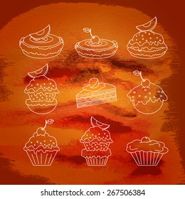 A set of contour icons of different types of cakes on a watercolor grunge background.