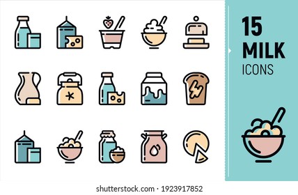 A set of contour icons for farm products: milk, butter, cottage cheese, cheese, yogurt, kefir. Production of dairy products. Colored icons. A jug, a bag, a bottle of milk, an oil can.