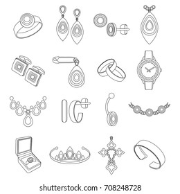 Set contour icons jewelry in vector. Black flat icons isolated on white background