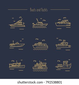 Set of contour icons of naval ships, yachts and boats.