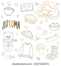 Set of contour icons on an autumn theme on an isolated background.
