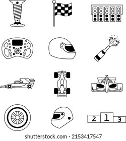 A set of contour icons on the theme of racing. Different types of cars, helmets and track elements. Vector illustration