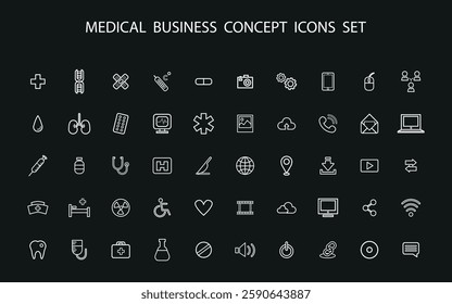 Set of contour icons on the theme of medicine and business. Vector on black background