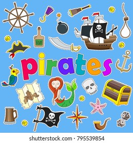 Set of contour icons on the topic of piracy and Maritime, painted icons patches on a blue background