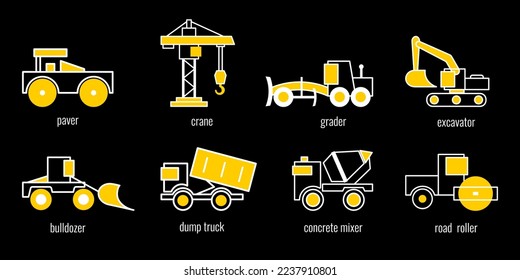 Set of contour icons of road construction vehicles on a black background