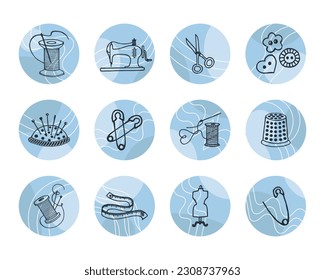 Juego de iconos de contorno para coser. Máquina de coser, bobinas de hilo, botones, depilación, portaagujas. Iconos redondos, vector	
