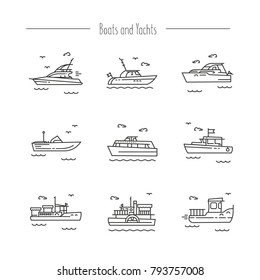 Set of contour icons of ships, yachts, boats.