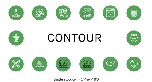 Set of contour icons such as Kremlin, Astronomer, Graphic designer, Email, Speedometer, Stadium, Pencil, Restaurant, Tree, United states of america, Hen, Turbine, Girl , contour