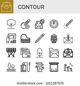 Set of contour icons. Such as Mail, Tree, Herbal, Spam, Pencil, Email, Grand piano, Stadium, Envelope, Curtain, Power bank, Plant tree , contour icons