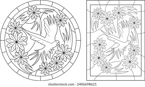 Set Contour Illustration Of Macaw Stained Glass Line Art 