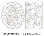 Set of contour Illustration in stained glass style on biblical theme, Jesus baby with Mary , abstract figures on sky background with clouds, a circular image and a rectangular image