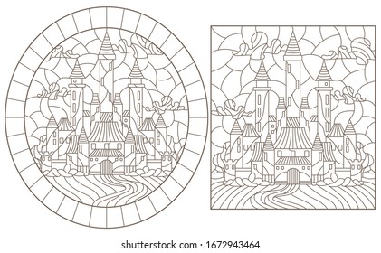 Set contour illustration of stained glass of landscapes with ancient castles, dark outlines on a white background