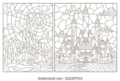 Set contour illustration of stained glass of landscapes with ancient castles, dark outlines on a white background