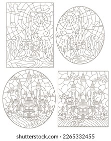 Set contour illustration of stained glass of landscapes with ancient castles, dark outlines on a white background