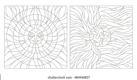 Set contour illustration of stained glass Windows with the heavenly bodies