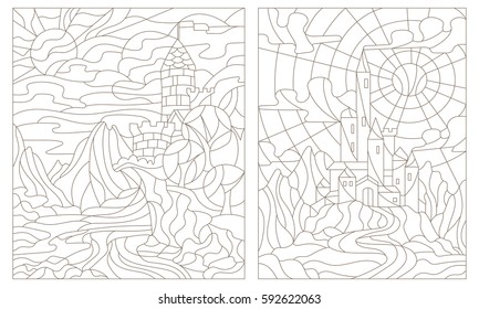 Set contour illustration of stained glass of landscapes with ancient castles