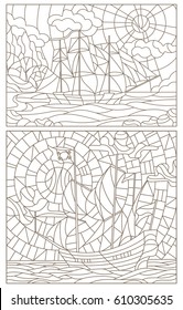 Set contour illustration in stained glass style painting, sailboats on a background of sky and water, dark outline on a white background