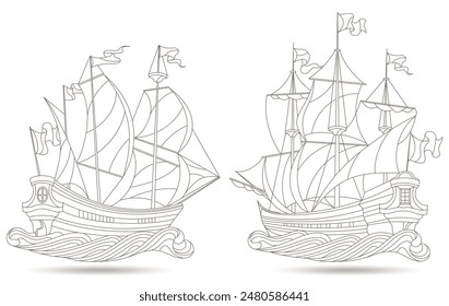 Set of contour illustration in the style of a stained glass window with a sailing ships, isolated on a white background