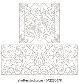Set contour illustration in the style of stained glass with abstract cocks